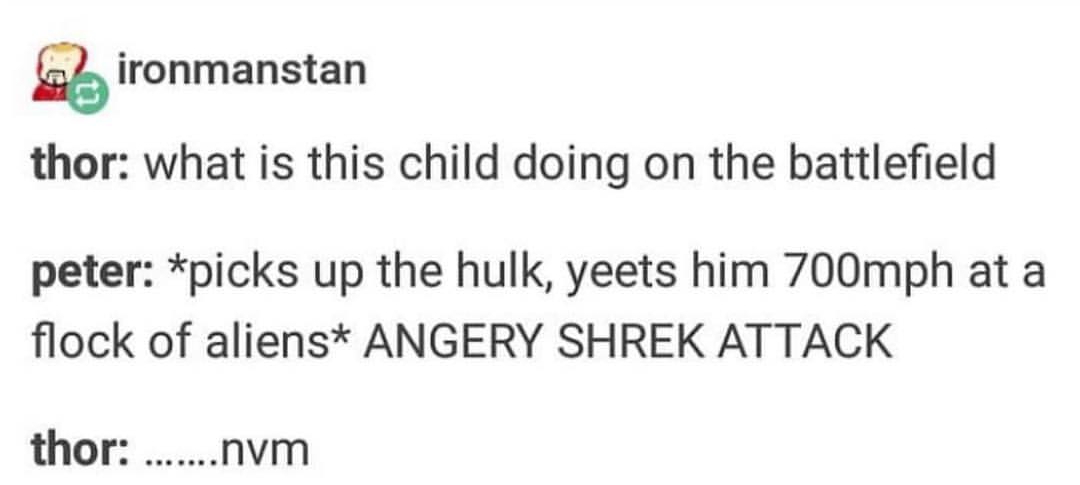 tumblr - best twitter tweets funny - ironmanstan thor what is this child doing on the battlefield peter picks up the hulk, yeets him 700mph at a flock of aliens Angery Shrek Attack thor .......nym