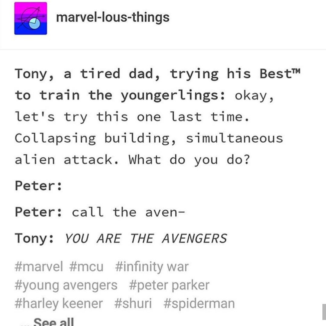tumblr - percy jackson funny - marvellousthings Tony, a tired dad, trying his Best to train the youngerlings okay, let's try this one last time. Collapsing building, simultaneous alien attack. What do you do? Peter Peter call the aven Tony You Are The Ave