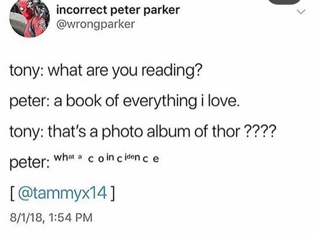 tumblr - document - incorrect peter parker tony what are you reading? peter a book of everything i love. tony that's a photo album of thor ???? peter what a coincidence 8118,