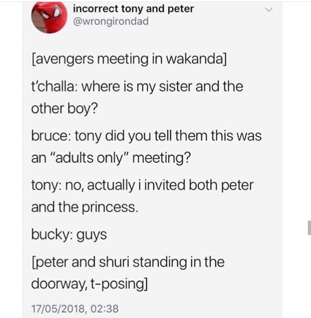tumblr - document - incorrect tony and peter avengers meeting in wakanda t'challa where is my sister and the other boy? bruce tony did you tell them this was an "adults only" meeting? tony no, actually i invited both peter and the princess. bucky guys pet