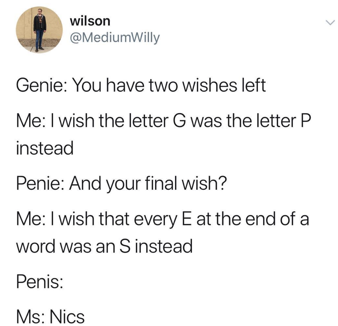 memes - document - wilson Genie You have two wishes left Me I wish the letter G was the letter P instead Penie And your final wish? Me I wish that every E at the end of a word was an S instead Penis Ms Nics