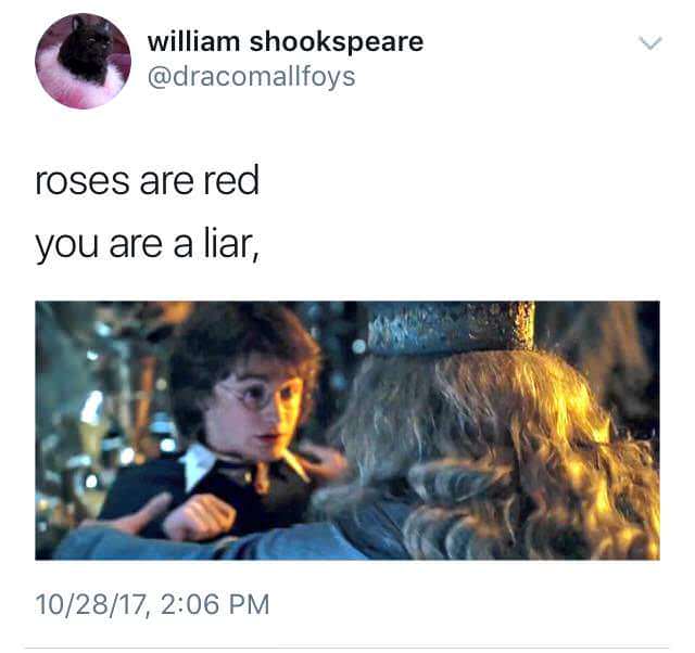memes - roses are red harry did you put your name in the goblet of fire - william shookspeare roses are red you are a liar, 102817,