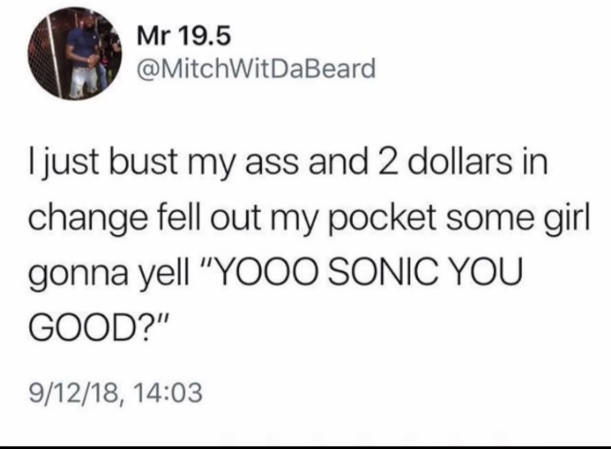 dank memes - dank funny quotes - Mr 19.5 I just bust my ass and 2 dollars in change fell out my pocket some girl gonna yell "Yooo Sonic You Good?" 91218,