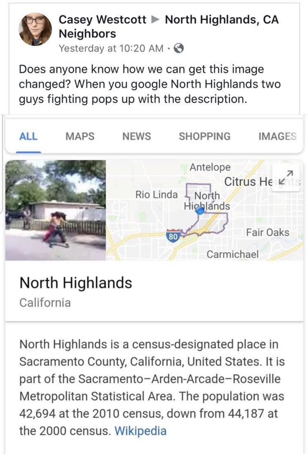 north highlands meme - Casey Westcott North Highlands, Ca Neighbors Yesterday at Does anyone know how we can get this image changed? When you google North Highlands two guys fighting pops up with the description. All Maps News Shopping Images Antelope Cit