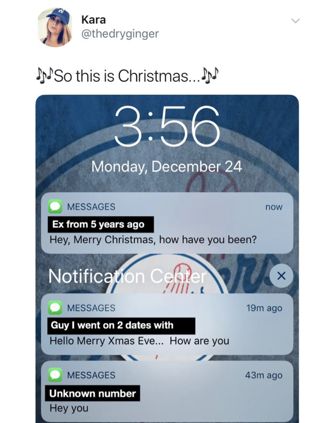 software - Kara In So this is Christmas... Monday, December 24 now Messages Ex from 5 years ago Hey, Merry Christmas, how have you been? Notification Center V e 19m ago Messages Guy I went on 2 dates with Hello Merry Xmas Eve... How are you 43m ago Messag