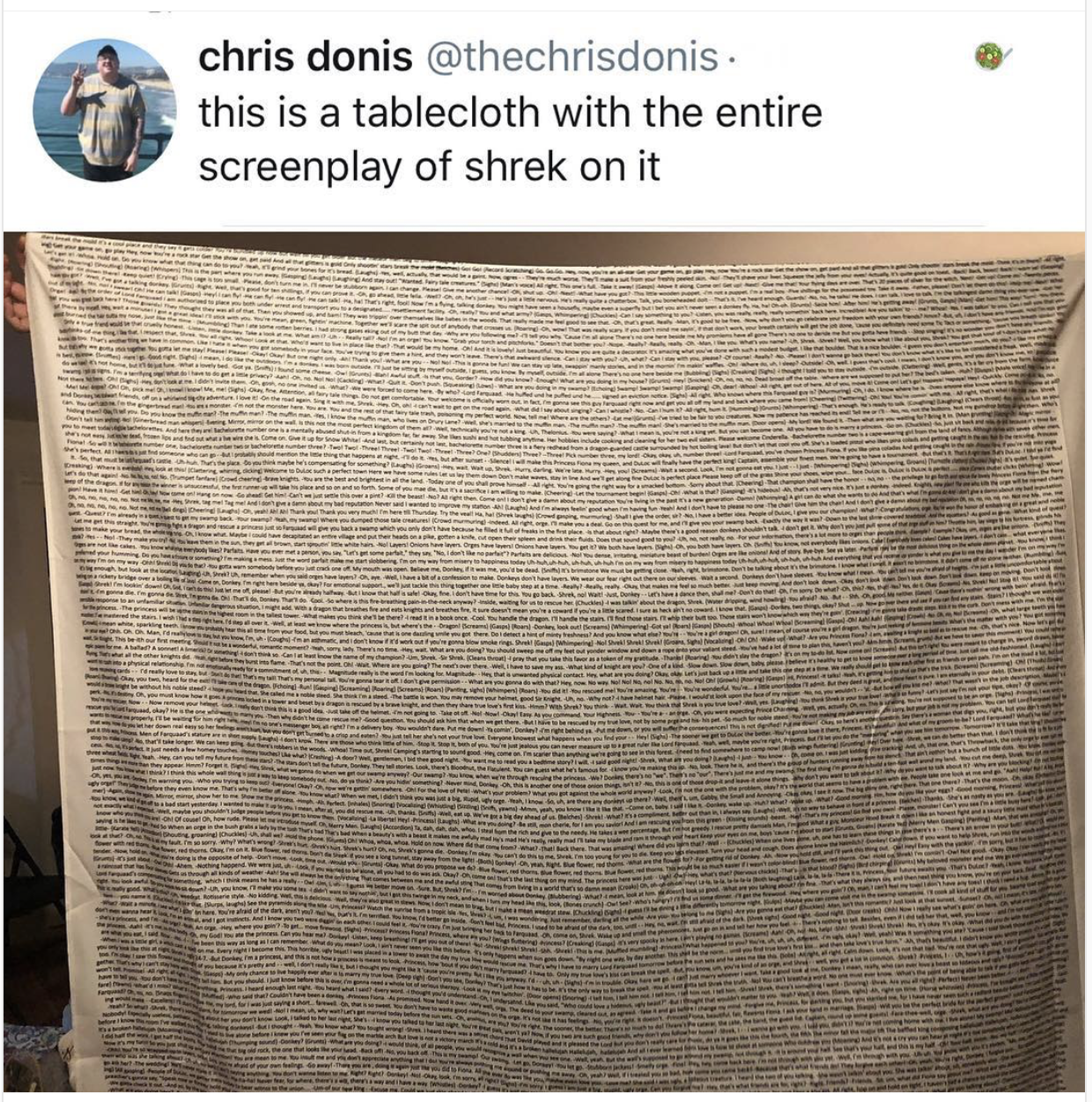 material - chris donis . this is a tablecloth with the entire screenplay of shrek on it