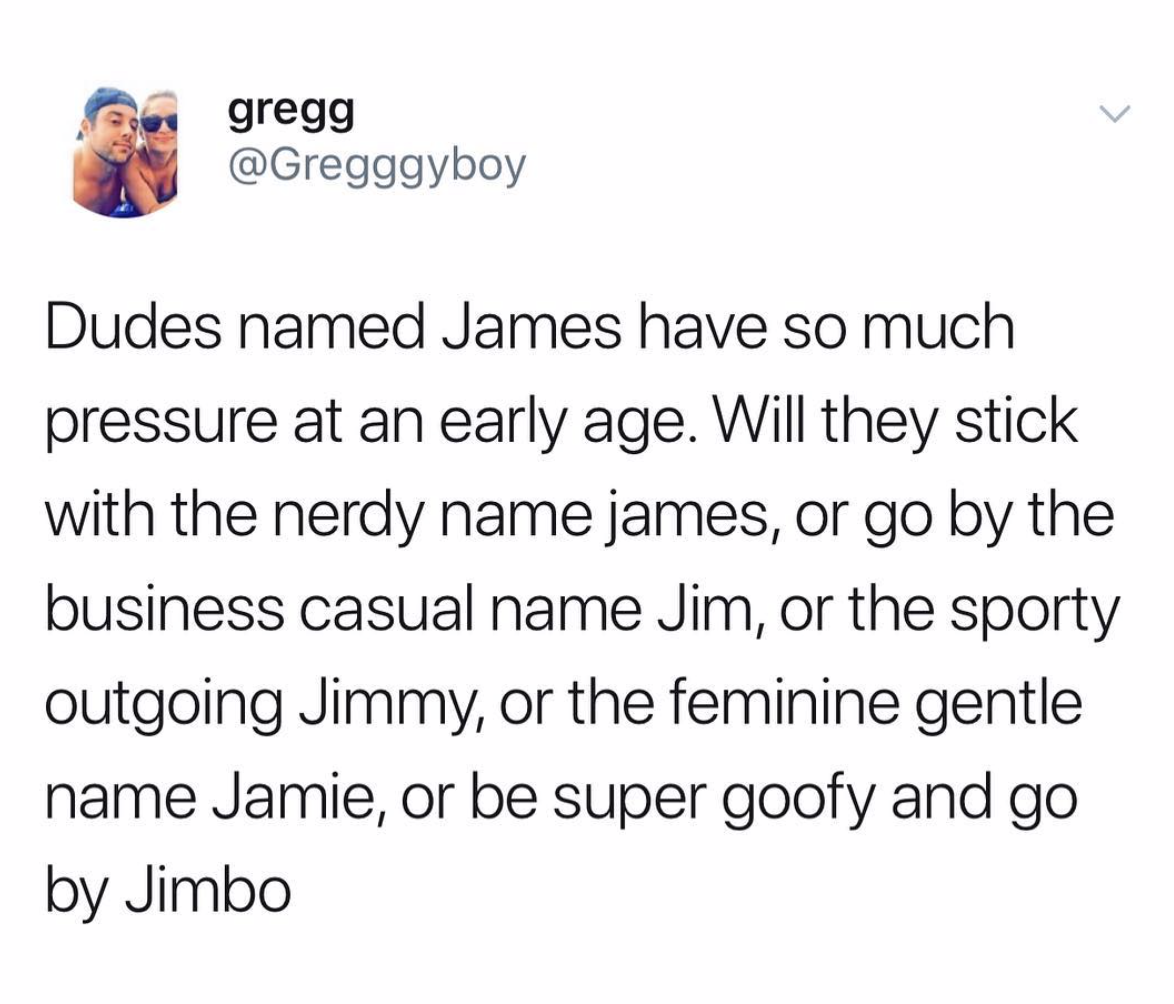 my boyfriend is annoying meme - gregg Dudes named James have so much pressure at an early age. Will they stick with the nerdy name james, or go by the business casual name Jim, or the sporty outgoing Jimmy, or the feminine gentle name Jamie, or be super g