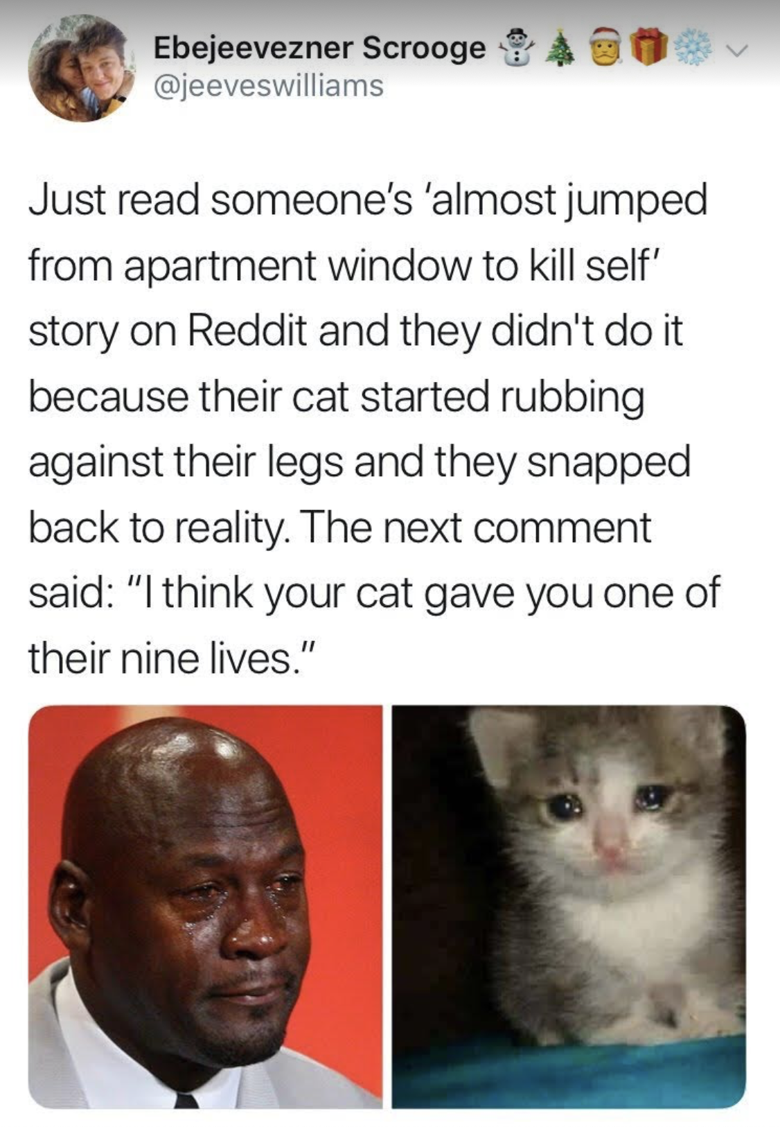 think your cat gave you one - Ebejeevezner Scrooge As Just read someone's 'almost jumped from apartment window to kill self' story on Reddit and they didn't do it because their cat started rubbing against their legs and they snapped back to reality. The n