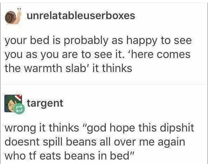 Wo - unrelatableuserboxes your bed is probably as happy to see you as you are to see it. 'here comes the warmth slab' it thinks targent wrong it thinks "god hope this dipshit doesnt spill beans all over me again who tf eats beans in bed"