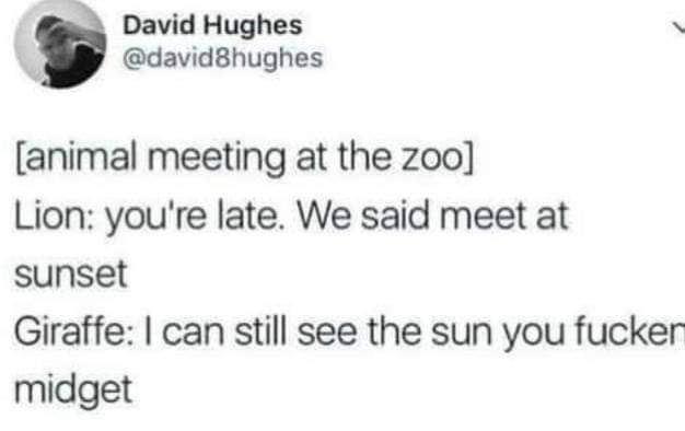 weird flex but ok old english - David Hughes animal meeting at the zoo Lion you're late. We said meet at sunset Giraffe I can still see the sun you fucker midget