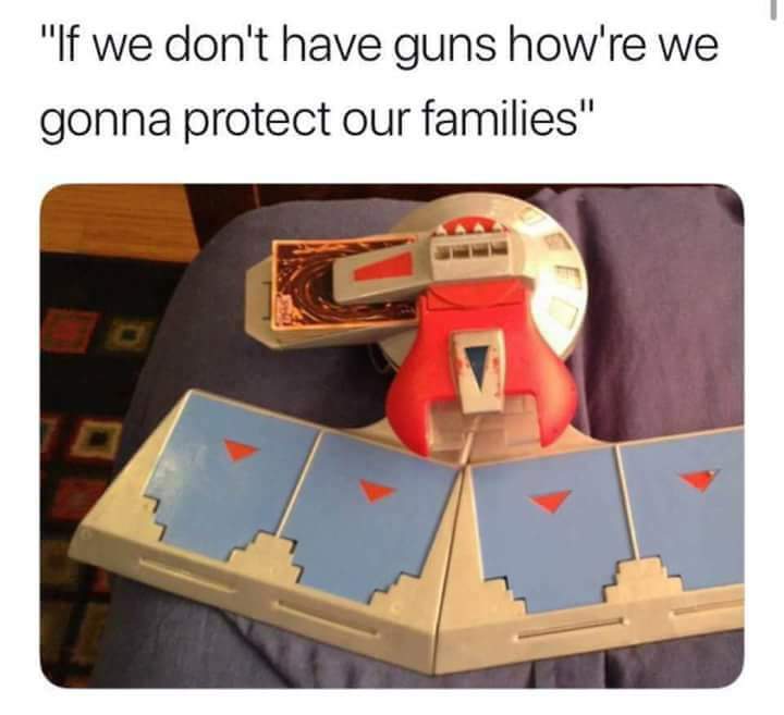 meme material - "If we don't have guns how're we gonna protect our families"