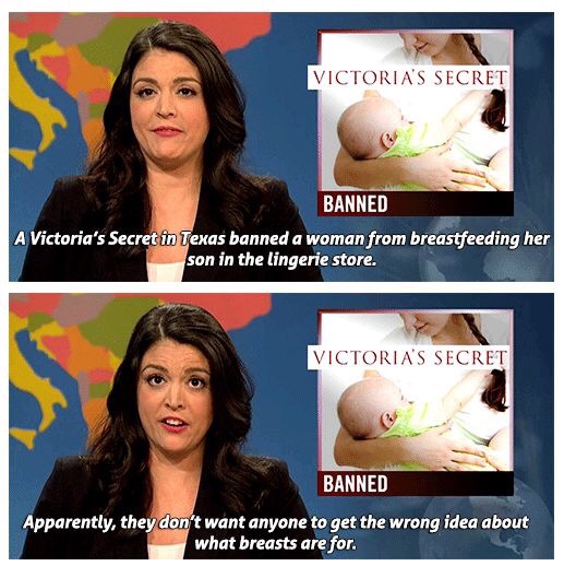 Weekend Update - Victoria'S Secret Banned A Victoria's Secret in Texas banned a woman from breastfeeding her son in the lingerie store. Victoria'S Secret Banned Apparently, they don't want anyone to get the wrong idea about what breasts are for.
