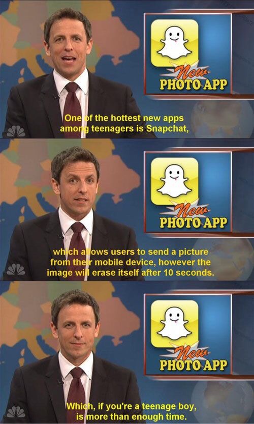 seth meyers funny - Mera Photo App One of the hottest new apps among teenagers is Snapchat, Mere Photo App which a ows users to send a picture from the mobile device, however the image wil erase itself after 10 seconds. Men Photo App Which, if you're a te
