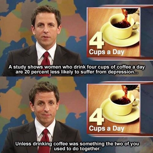 Weekend Update - Cups a Day A study shows women who drink four cups of coffee a day are 20 percent less ly to suffer from depression... Cups a Day Unless drinking coffee was something the two of you used to do together.
