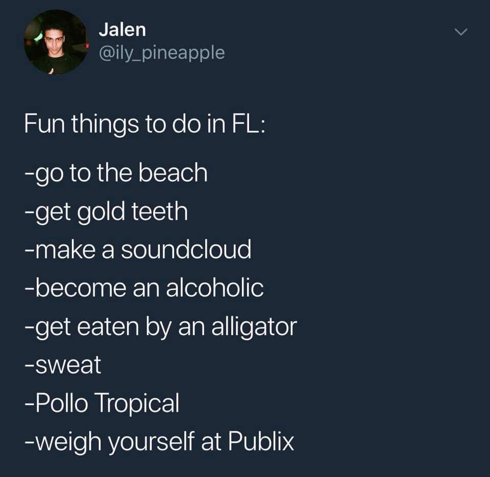 dank meme - sky - Jalen Fun things to do in Fl go to the beach get gold teeth make a soundcloud 'become an alcoholic get eaten by an alligator Sweat Pollo Tropical weigh yourself at Publix