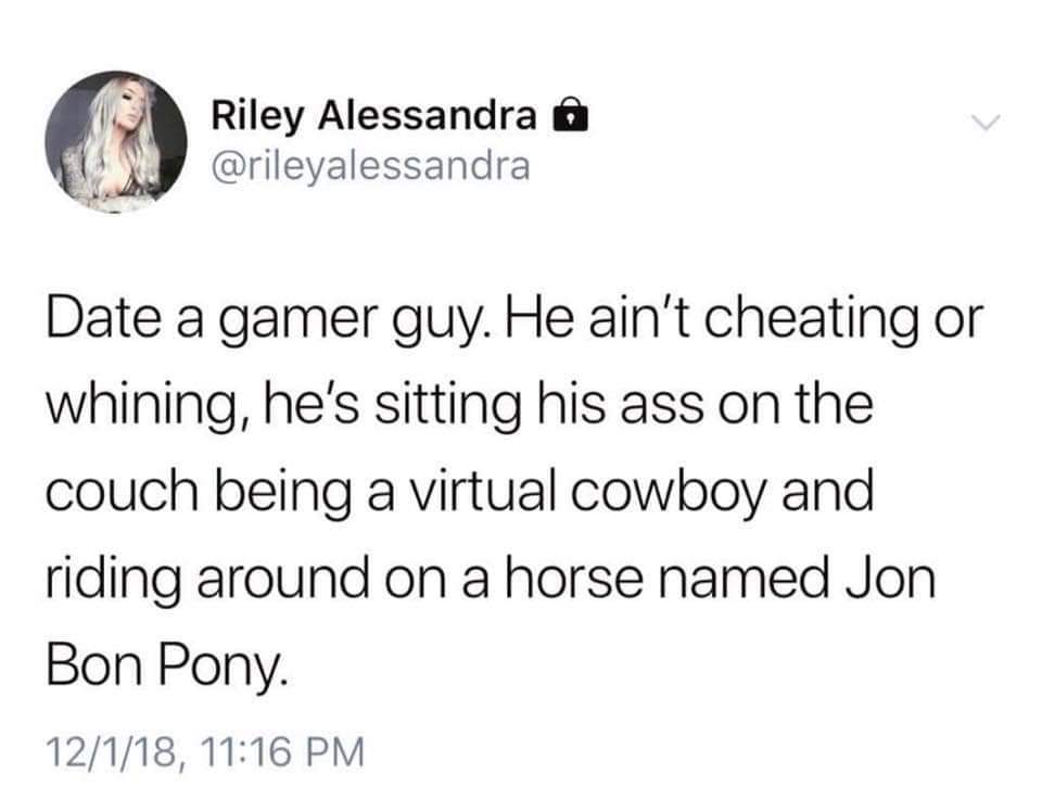 dank meme - date a gamer guy - Riley Alessandra o Date a gamer guy. He ain't cheating or whining, he's sitting his ass on the couch being a virtual cowboy and riding around on a horse named Jon Bon Pony 12118,