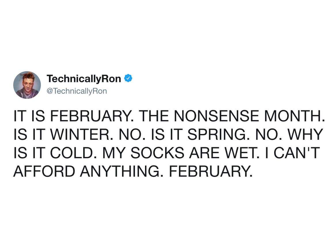 dank meme - february worst month meme - TechnicallyRon It Is February. The Nonsense Month. Is It Winter. No. Is It Spring. No. Why Is It Cold. My Socks Are Wet. I Can'T Afford Anything. February.