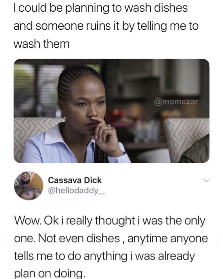meme washing dishes meme - I could be planning to wash dishes and someone ruins it by telling me to wash them Cassava Dick Wow. Ok i really thought i was the only one. Not even dishes, anytime anyone tells me to do anything i was already plan on doing
