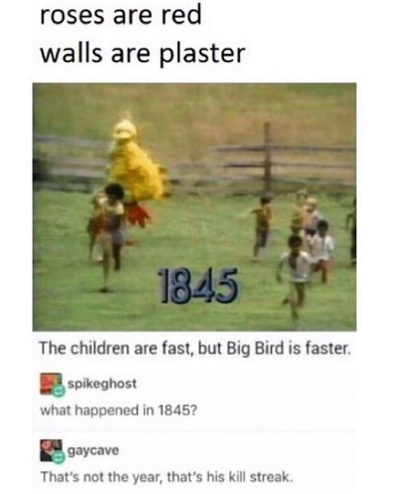 children are fast but big bird - roses are red walls are plaster 1845 The children are fast, but Big Bird is faster. spikeghost what happened in 1845? gaycave That's not the year, that's his kill streak.
