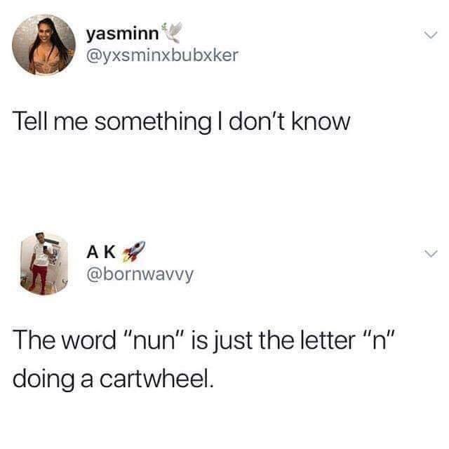 word nun is n doing a cartwheel - yasminn Tell me something I don't know Ak The word "nun" is just the letter "n" doing a cartwheel.