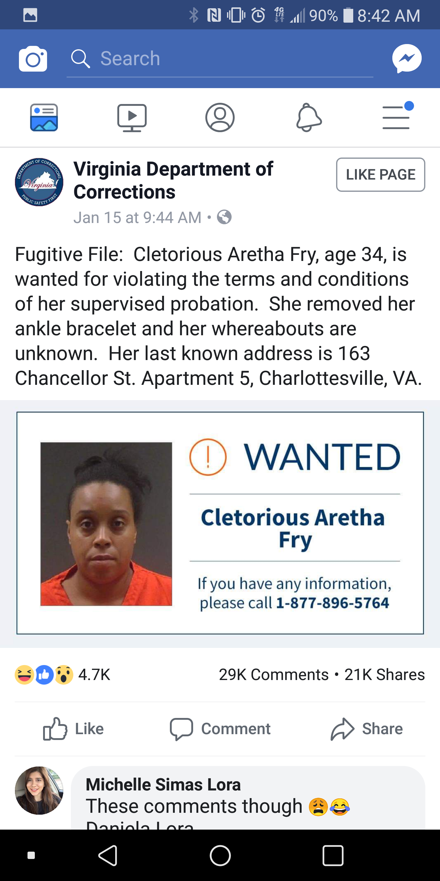 web page - Do 90%. O Q Search Virginia Department of Page Corrections Jan 15. at 944 Am Fugitive File Cletorious Aretha Fry, age 34, is wanted for violating the terms and conditions of her supervised probation. She removed her ankle bracelet and her where