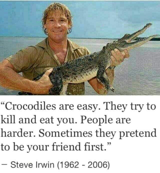 steve irwin on crocodiles - "Crocodiles are easy. They try to kill and eat you. People are harder. Sometimes they pretend to be your friend first. Steve Irwin 1962 2006