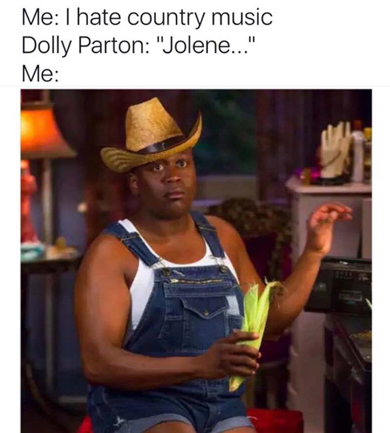 me i hate country music meme - Me I hate country music Dolly Parton "Jolene..." Me