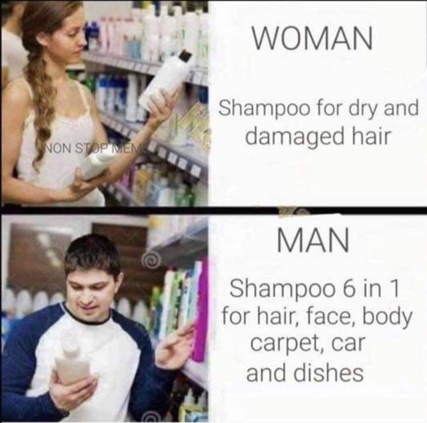 men shampoo funny - Woman Shampoo for dry and damaged hair Non Stop Menu Man Shampoo 6 in 1 for hair, face, body carpet, car and dishes