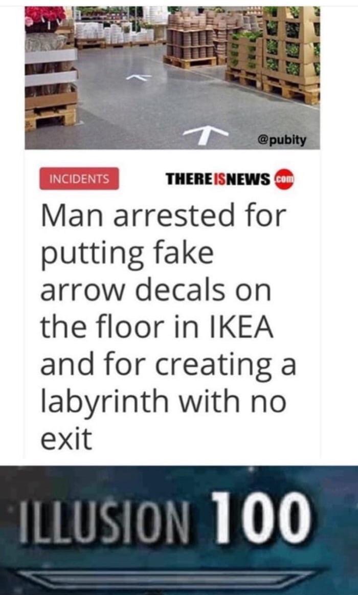 man arrested for putting fake arrows - Incidents There Isnews.com Man arrested for putting fake arrow decals on the floor in Ikea and for creating a labyrinth with no exit Illusion 100