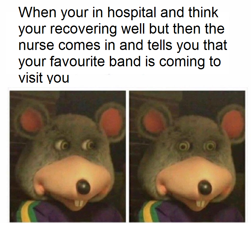 meme - shane dawson chuck e cheese meme - When your in hospital and think your recovering well but then the nurse comes in and tells you that your favourite band is coming to visit you
