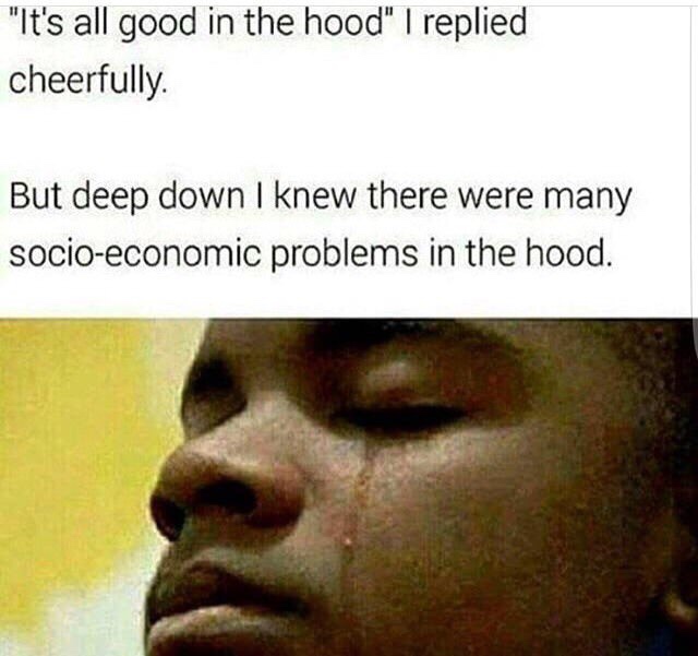 meme - it's all good in the hood but deep down - "It's all good in the hood" I replied cheerfully. But deep down I knew there were many socioeconomic problems in the hood.