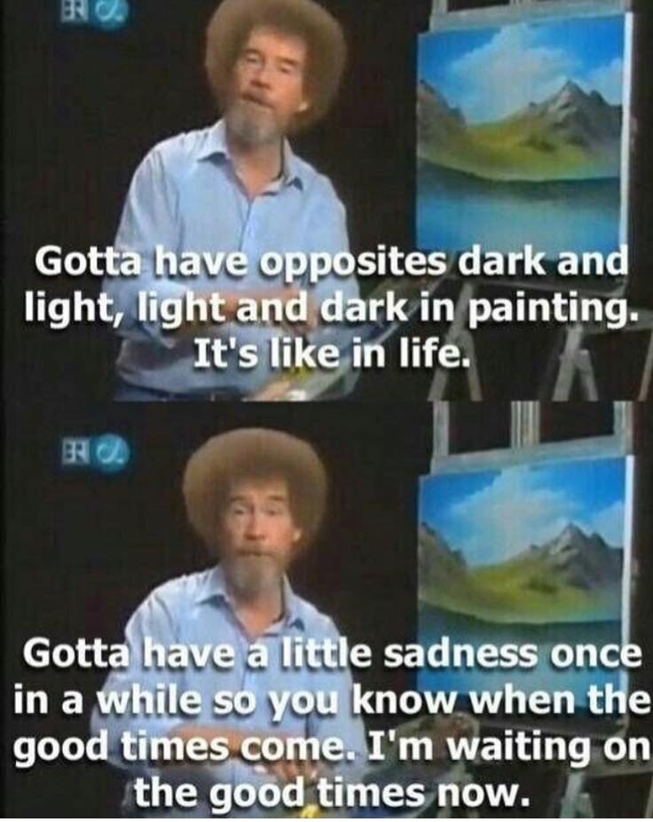 bob ross life quotes - Br Gotta have opposites dark and light, light and dark in painting. It's in life. R . Gotta have a little sadness once in a while so you know when the good times come. I'm waiting on the good times now.