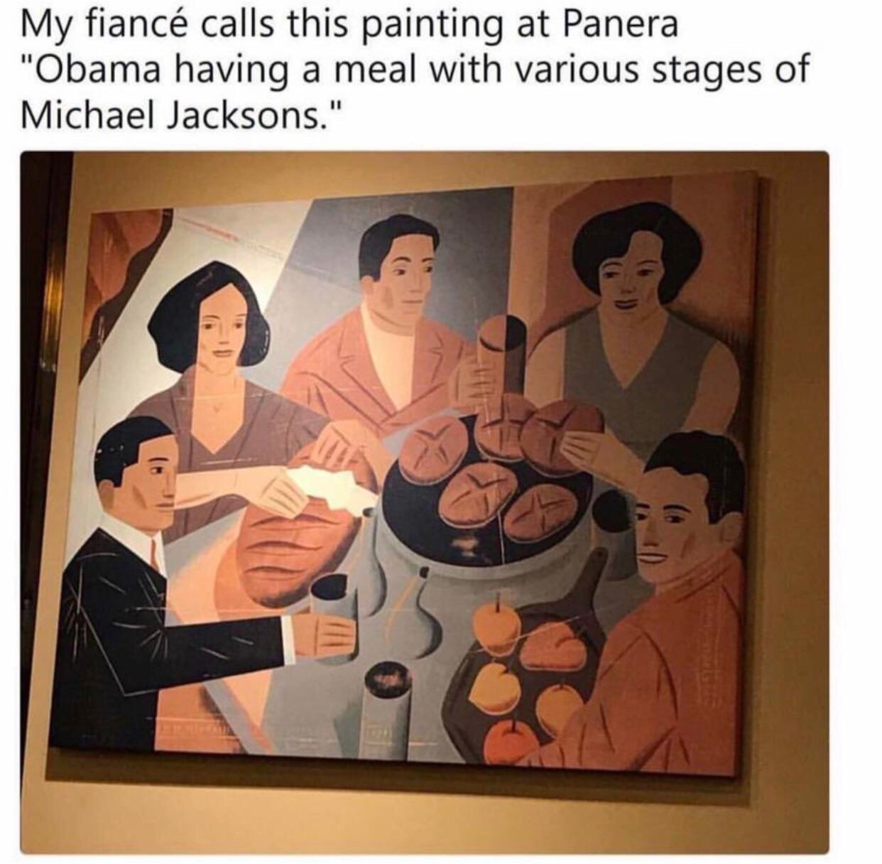 funny classical art memes - My fianc calls this painting at Panera "Obama having a meal with various stages of Michael Jacksons."