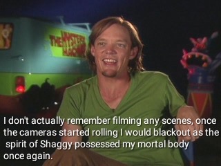 interview shaggy meme - I don't actually remember filming any scenes, once the cameras started rolling I would blackout as the spirit of Shaggy possessed my mortal body once again.