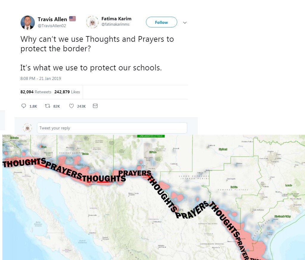 map - Travis Allen Fatima Karim Why can't we use Thoughts and Prayers to protect the border? It's what we use to protect our schools. 82,094 242,879 Lz 82K 9 Tweet your Unclassifud Folo Thoughtspra Ersthoughts Esta Thoughts Rayers Thoughtsprayer
