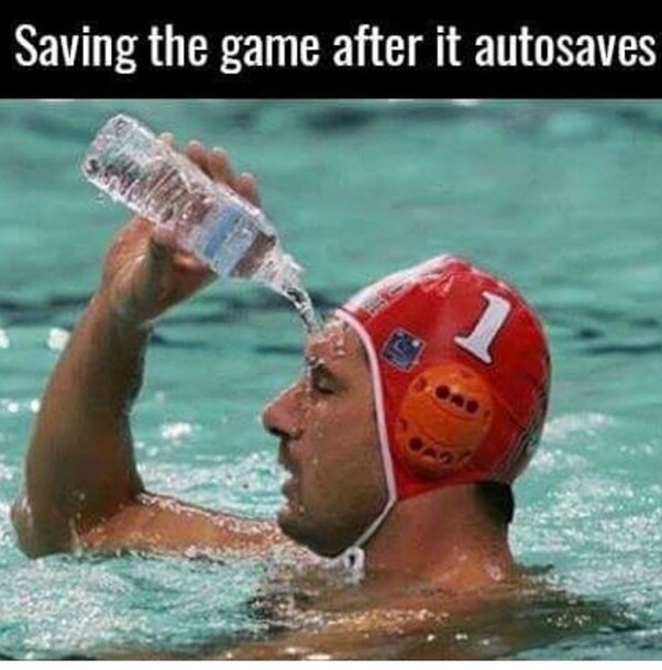 guy pouring water on himself in pool - Saving the game after it autosaves