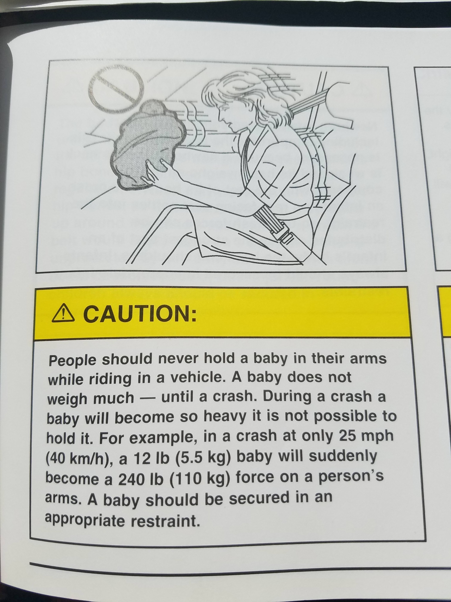 cartoon - A Caution People should never hold a baby in their arms while riding in a vehicle. A baby does not weigh much until a crash. During a crash a baby will become so heavy it is not possible to hold it. For example, in a crash at only 25 mph 40 kmh,