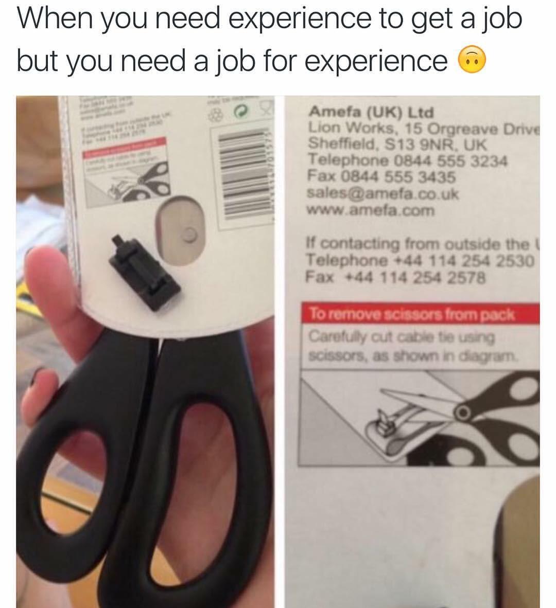 memes - scissor experience meme - When you need experience to get a job but you need a job for experience Us Amefa Uk Ltd Lion Works, 15 Orgreave Drive Sheffield, S13 9NR, Uk Telephone 0844 555 3234 Fax 0844 555 3435 sales.co.uk If contacting from outside