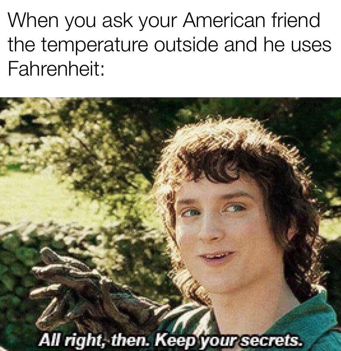 memes - alright then keep your secrets - When you ask your American friend the temperature outside and he uses Fahrenheit All right, then. Keep your secrets.