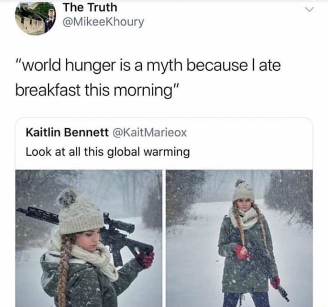 memes - look at all this global warming - The Truth "world hunger is a myth because I ate breakfast this morning" Kaitlin Bennett Marieox Look at all this global warming