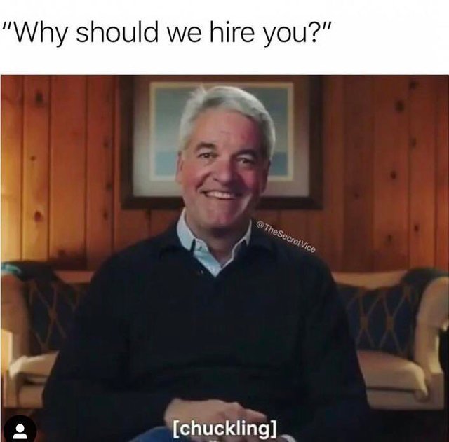 andy fyre festival meme - "Why should we hire you?" Vice chuckling.