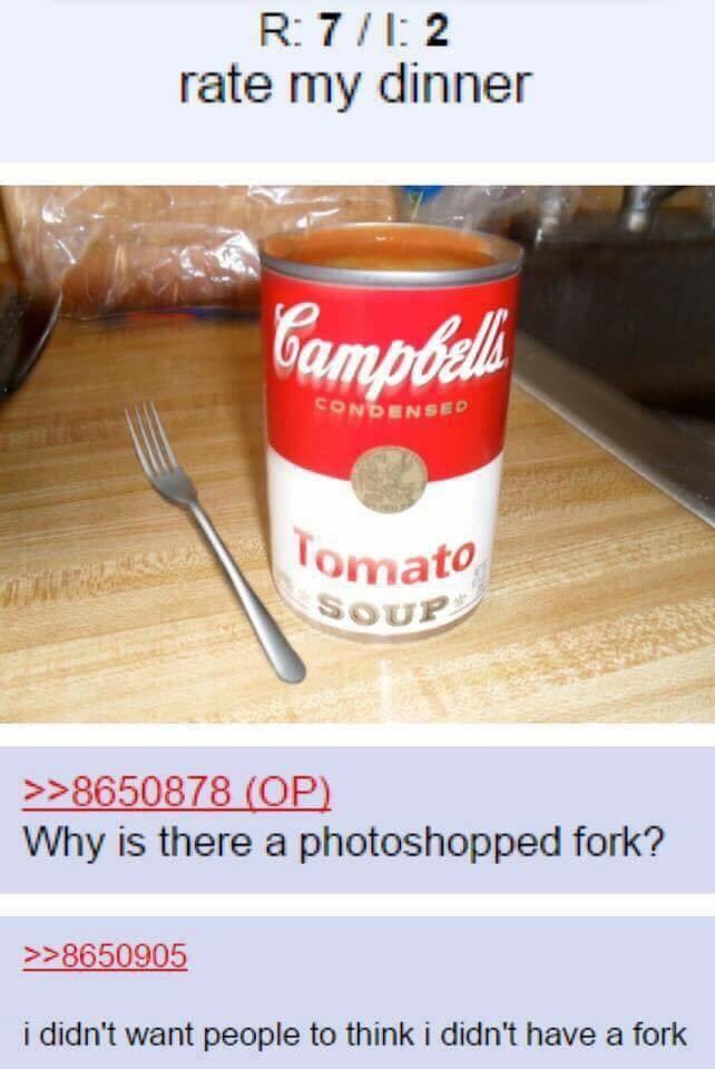 meme about photoshopping a fork into a soup dinner