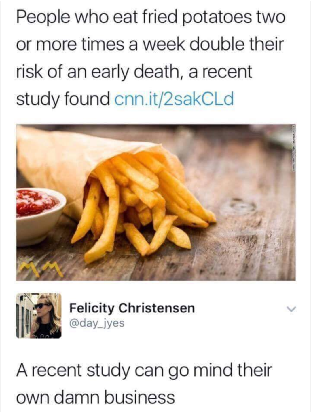 tweet from woman upset at being told to eat less fried potatoes