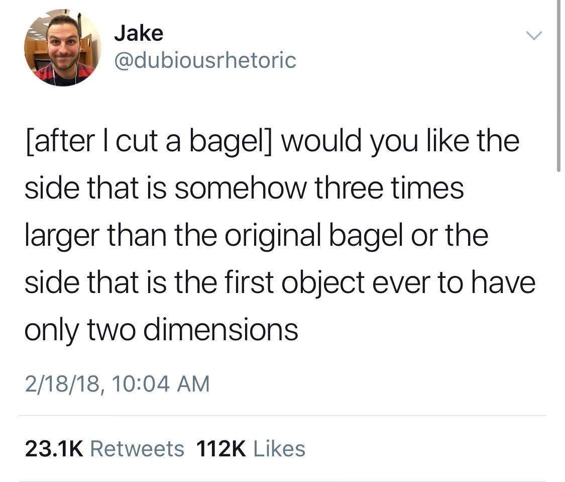 tweet about not being able to cut bagels into equal pieces