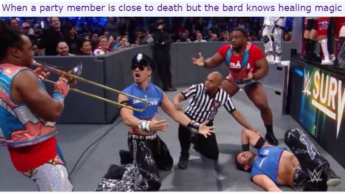 meme about the healer in a game with Xavier Woods playing the trombone