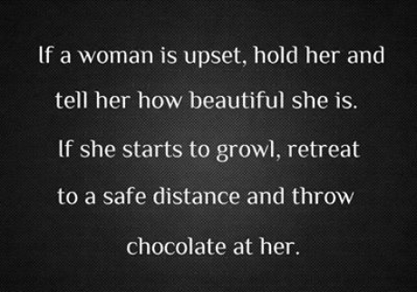 memes -woman is mad throw chocolate - If a woman is upset, hold her and tell her how beautiful she is. If she starts to growl, retreat to a safe distance and throw chocolate at her.