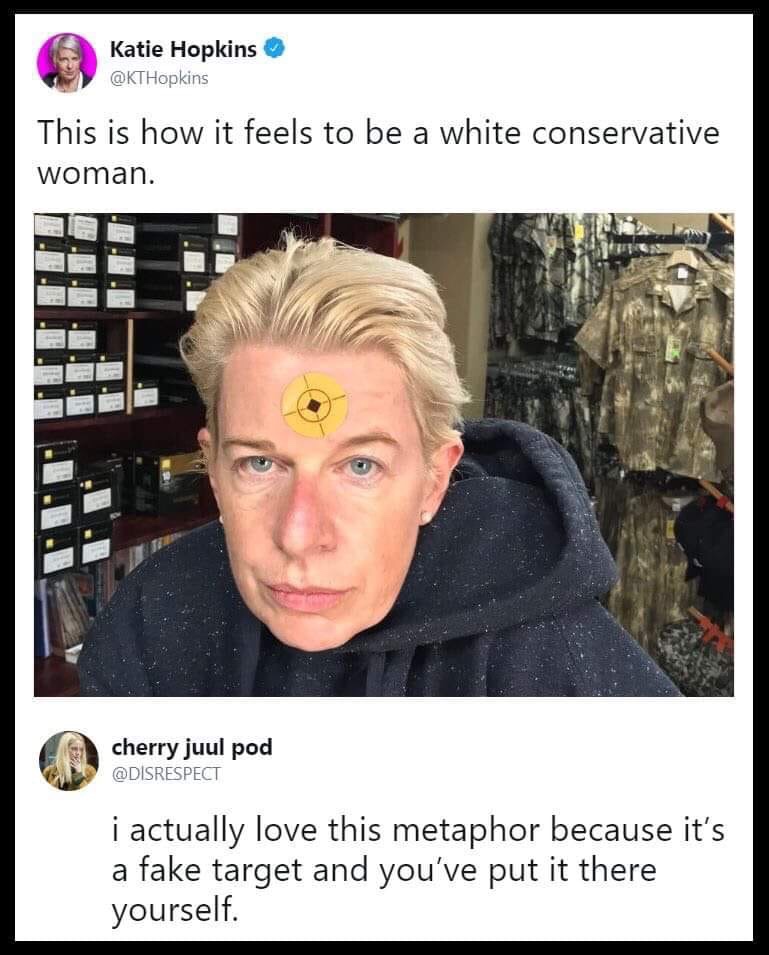 memes - katie hopkins white conservative woman - Katie Hopkins This is how it feels to be a white conservative woman. cherry juul pod i actually love this metaphor because it's a fake target and you've put it there yourself.