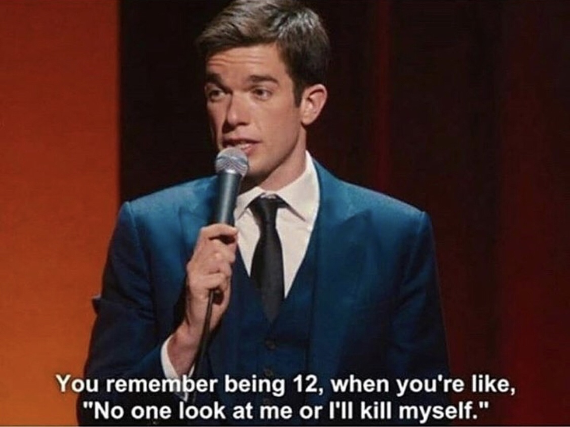 memes - john mulaney quotes - You remember being 12, when you're , "No one look at me or I'll kill myself."
