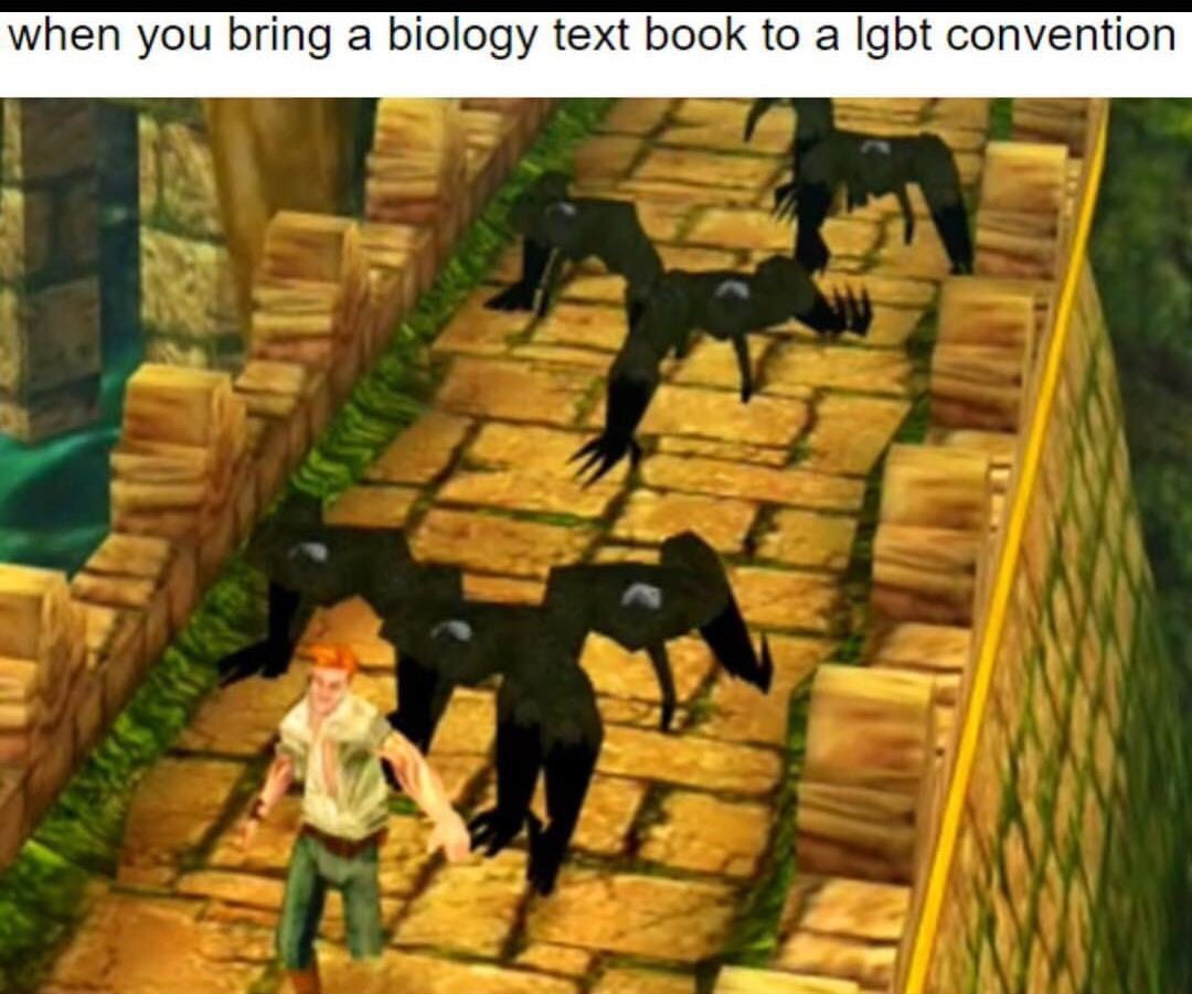 temple run meme - when you bring a biology text book to a lgbt convention