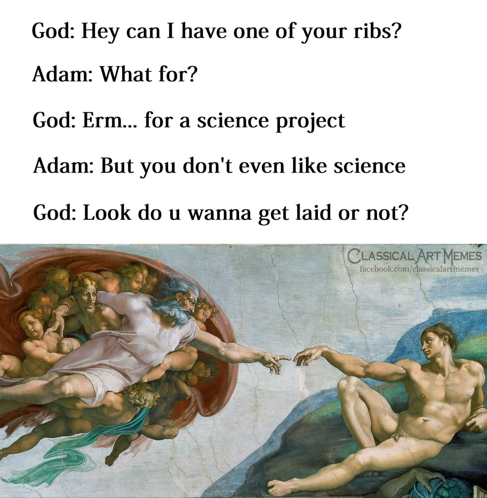 classical art memes science - God Hey can I have one of your ribs? Adam What for? God Erm... for a science project Adam But you don't even science God Look do u wanna get laid or not? Classical Art Memes facebook.comclassicalartmemes